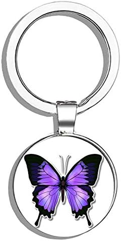 HJ Media Purple Butterfly Beautiful Metal Round Metal Key Chain Keychain Ring