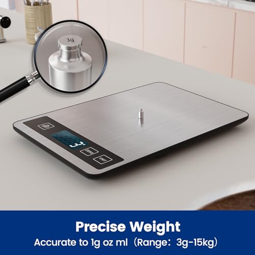 【15KG/33 lb & USB Rechargeable】 Digital Kitchen Food Scale Kitchen Scale, Stainless Steel Digital Weight Grams and Oz, Baking and Cooking, 0.1oz /1g Precise, 6 Weight Units (A)