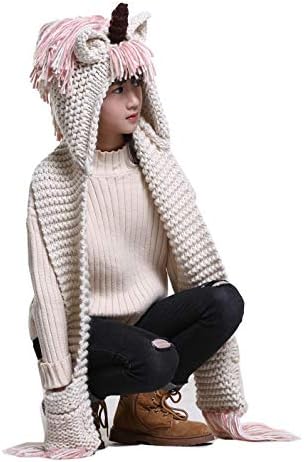 Kokkn Girls Boys Crochet Cartoon Unicorn Winter Hat With Scarf Pocket Hooded Set Knitting Beanie Cosplay Photography