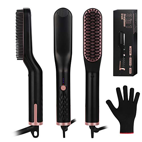 Hair Straightening Brush, Beard Straightener Brush, VEGKEY 3-in-1 Ionic Straightening Comb with Anti-Scald Feature Heat Resistant Glove Adjustable Temperatures, Ceramic Hair Comb for Men Women