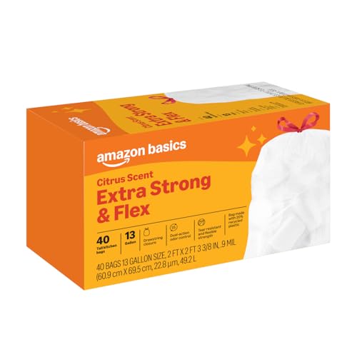 AMAZON BASICS EXTRA STRONG & FLEX TALL KITCHEN DRAWSTRING TRASH BAGS, CITRUS SCENT, 13 GALLON, 40 COUNT