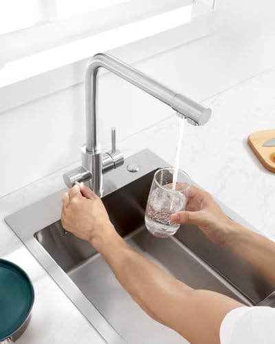 Sofetiy 3-Way Kitchen Tap, Osmosis Tap with 2 Levers, Kitchen Tap with Cold and Hot Water and Filtered Water, Brushed Stainless Steel, 360° Rotatable (No Water Purifier)