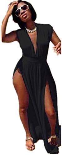 Qiuyun Women's Polyester Sleeveless Deep V Neck Clubwear Split Dress Black L