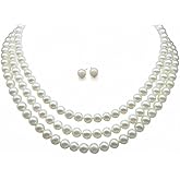 VN Jewelry Womens White Pearl Necklace and Stud Earrings Set | Elegant And Classic AA Grade 7mm White Freshwater Pearl Necklace Three-Strand Necklace for Women Bridal Jewelry