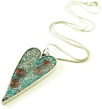LKS Originals Orgone Energy Large Heart Necklace in Antique Silver Finish with Turquoise