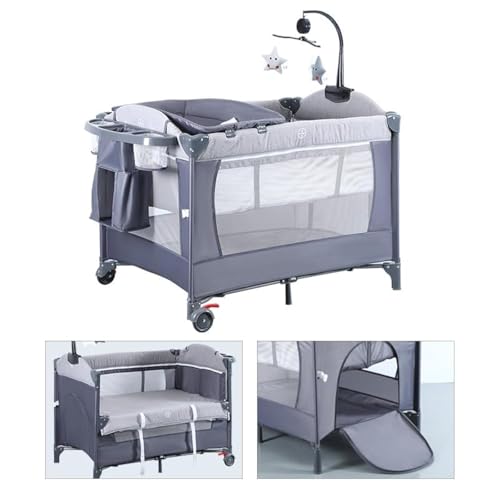 GGEROU Baby Bassinet Bedside Crib with Diaper Table,Portable Baby Nursery Center Playard w/Bassinet，Portable Travel Crib Playpen for Newborn Toddlers with Wheels,Canopy,Toys,Storage Bag (B)