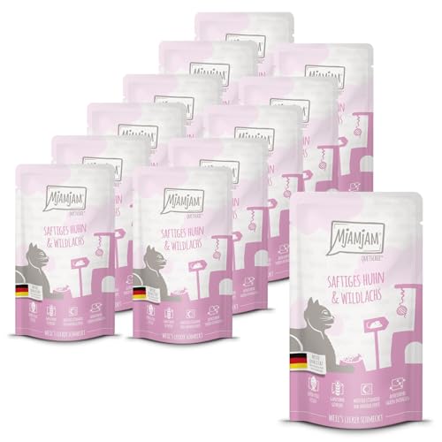 MjAMjAM - premium wet food for cats - juicy chicken and wild salmon, pack of 12 (12 x 125 g), grain-free with extra meat