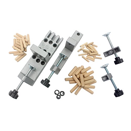 SINOCMP Universal Doweling Jig Set with 1 Aluminium Dowel Jig, 3 Aligning Clamps, 60 Dowel Pins (20 Each of 6mm, 8mm&10mm Diameter) and 3 Depth Stop Collars