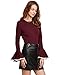 SheIn Women's Round Neck Ruffle Long Sleeve Blouse (Large, Burgundy)