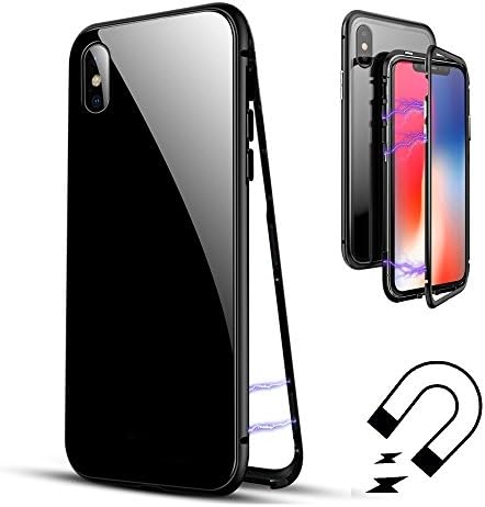 iPhone X Case Strong Magnetic Adsorption Technology Titanium Alloy Bumper Frame Tempered Glass Back Support Wireless Charging (Black)