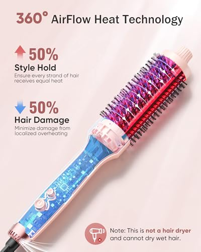 Thermal Brush for Blowout Look with Hair Volume Boost, Heated Curling Brush for Fast Styling, 2× Negative Ion Release to Smooth Frizz, Airflow Heat & Dual PTC Technology Hair Tool, Pink