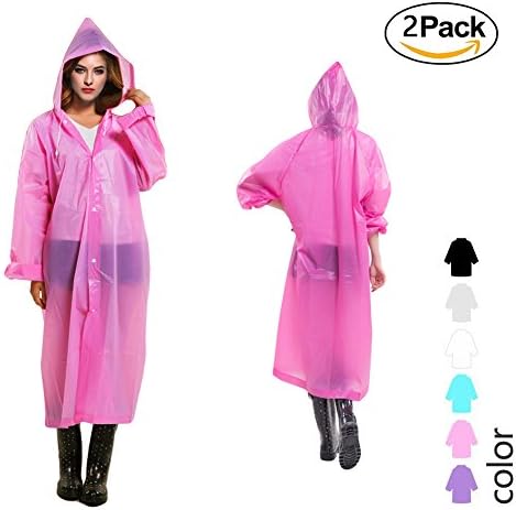 iGoods 2 Pack Resuable Adults Rain Poncho, Emergency Hooded Rain Coat Suit with Sleeves and Drawstring Hoods, Lightweight Waterproof for Camping Hiking Traveling Disney Fishing Sport Event (Pink)
