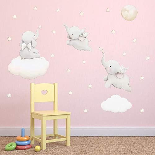QWER Wall Sticker Watercolor Elephant and Stars Clouds Wall Stickers Funny Cartoon Animal Wall Decals for Kids Rooms Bedroom Home Decor