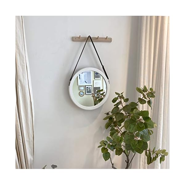 April Box White Decorative Hanging Wall Mirror 15 Inch Round Wood Mirror For Hanging Adjustable Leather Strap Premium Wallccessories Your Home For Wall Decor