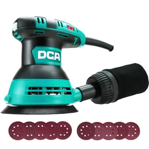 DCA Random Orbital Sander, 300W Electric Sander for Wood, 125mm 12000 OPM | Hand Sander with Dust Collector, 6 Variable Speeds, 10 Pcs Sandpapers for Woodworking Sanding DIY Polishing Home Improvements