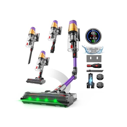 Linkifly A12 Aspirapolvere Senza Fili 50KPa, 600W, 70Min, Aspirapolvere Scopa con Serbatoio Acqua Rimovibile, Display LED Touch, Spazzola Anti-Groviglio, Pieghevole, per Tappeti, Auto e Peli Animali