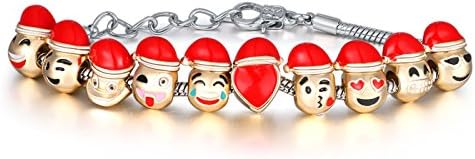 Y&amp;M Christmas Themed Design Emoji Charms Bracelet with Gift Box - 18K Gold Plated with 10 Pieces of EMoji Beads Enamel Smiley Faces with Christmas Hat