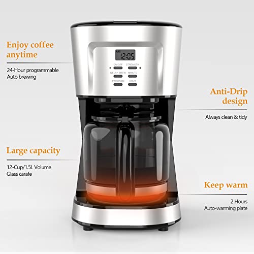 12Cup Programmable Coffee Maker, Electric Drip Coffee Machine with