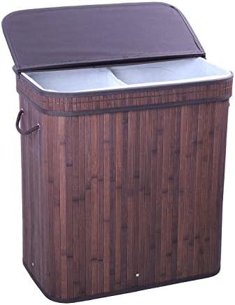 BASTUO Folding Bamboo Laundry Basket Cloth Hamper with Lid and Removable Lining Two Sections Brown Rectangle Laundry Hampers|Compartment Hamper