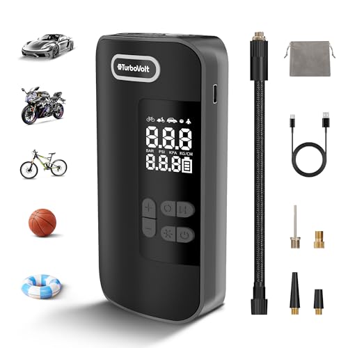 Turbovolt Elektrische Luftpumpe Reifenpumpe 150 Psi, 4000Mah Luftkompressor Akku Fahrradpumpe Mini Reifenpumpe Mit Digitalanzeige Und Led-Licht Für Auto Motorräder Fahrräder