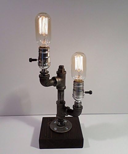 Dual Industrial Steampunk table pipe lamp with Radio Edison bulb and Weathered wood base