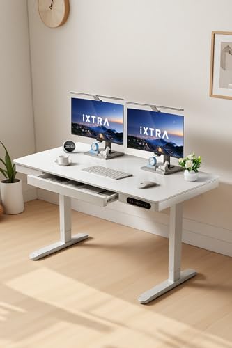 IXTRA Standing Desk with Drawer 140x60cm Whole Piece Tabletop Electric Standing Desk Height Adjustable Desk with USB Charging Ports Sit Stand Desk with Storage for Home & Office White