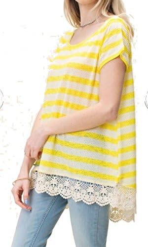 Kori America Striped Tee Shirt with Lace Trim Yellow Boho Tunic Top (Small)