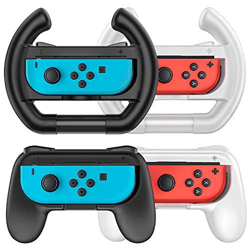 TiMOVO Grip & Steering Wheel for Nintendo Switch OLED Model 2021 / Switch Joy-Con, 2-Pack Mario Kart Racing Wheel & 2-Pack Ergonomic Hand Grip, Comfortable Light-Weight Handle Kit, Black & White