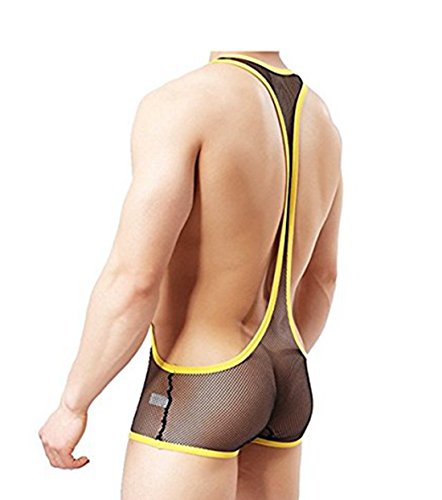 CHICTRY Men s See Through Fishnet Bodysuit U-Convex Pouch Jockstrap Underwear Black Large