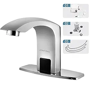 interhasa! Touchless Bathroom Faucet Chrome Automatic Bathroom Sink Faucet with Hole Cover Plate, Hands Free Bathroom Water Tap with Control Box (Faucet with Tempureture Mixer Set)