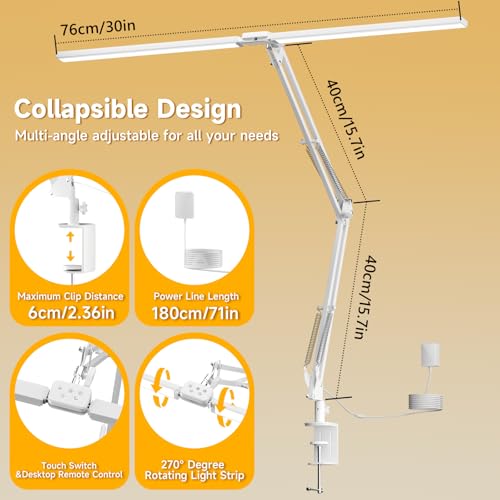 SKYLEO LED Desk Lamp, Dual Head Desk Lamp with Clip, with Remote Control, 2400 LM, 5 Color Temperature Modes, Home Desk Lamp, 24W, White
