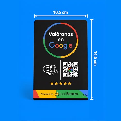 just5stars - NFC and QR Support for Google Reviews - No Subscriptions - PVC, 10.8 X 16.5 cm, Professional Design. Display/Display/Stand (Black)