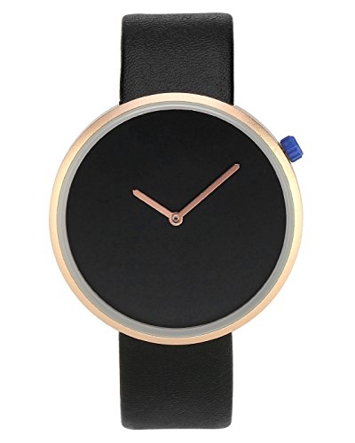 Top Plaza Unique Minimalism Simple Design Casual Analog Quartz Blue Crown PU Leather Band Watch 3 ATM Waterproof Unisex(All Black-Gold Case)