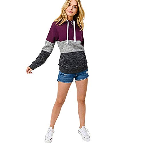 Women Hoodies Stripe Long Sleeve Cowl Neck Drawstring Pullover Sweatshirts Tops Wine