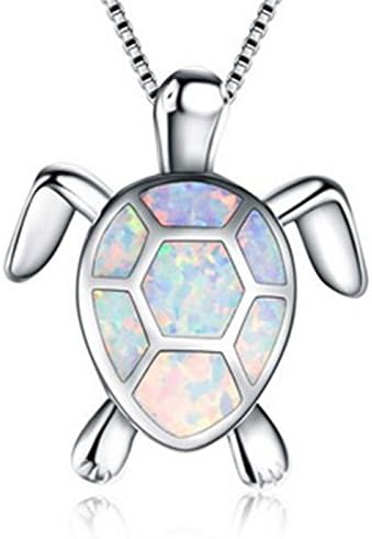 Fortonatori Created White Opal Necklace Turtle Smart 925 Silver Pendant Necklace 18" Chain