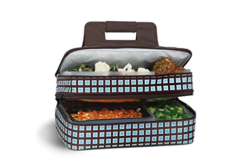 Picnic Plus 18" Casserole Carrier 2 Level Thermal Insulated Hot and Cold Food Carrier Double Layer Food Carrier Bag Potluck Carrier With Bonus Containers (Blue Oyster)