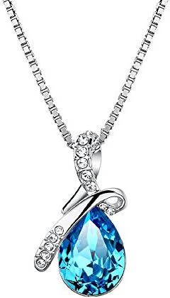 Rhodium Plated Sterling Silver Eternal Love Teardrop Austrian Ocean Blue Small Crystal Pendant Necklace
