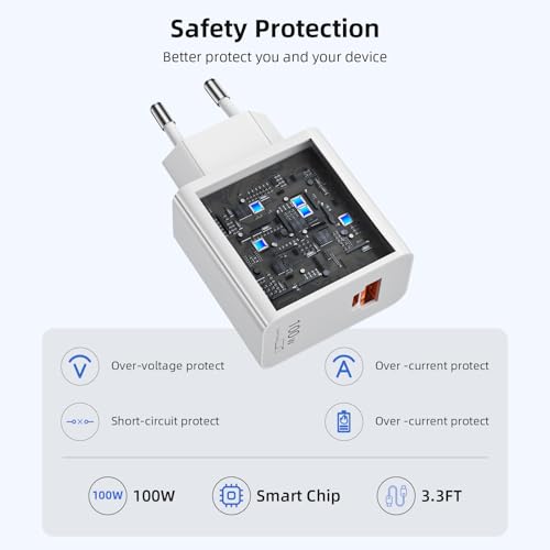 100W for Super-Charge Charger for Honor 400 200 Pro 200 Lite Magic6 Magic7 6 5 4 Lite Magic7Pro, 2-Port Socket 100W PD Quick Charger with 6A USB C Cable 1M for Honor 90 70 Lite X8a X8b X6b X9b