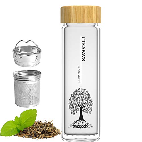amapodo Teeflasche aus Glas mit Sieb - 400ml Tee Flasche Teekanne to go - Trinkflasche doppelwandig aus Borosilikatglas