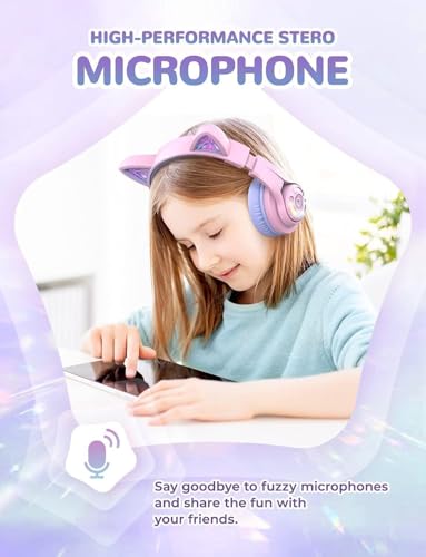 iClever BTH13 Bluetooth Kids Headphones, Cat Ear LED Light Up Wireless Kids Headphones with Volume Limited (74/85dBA), 50H Playtime, Children Headphones with MIC Over Ear for School/Tablet/PC