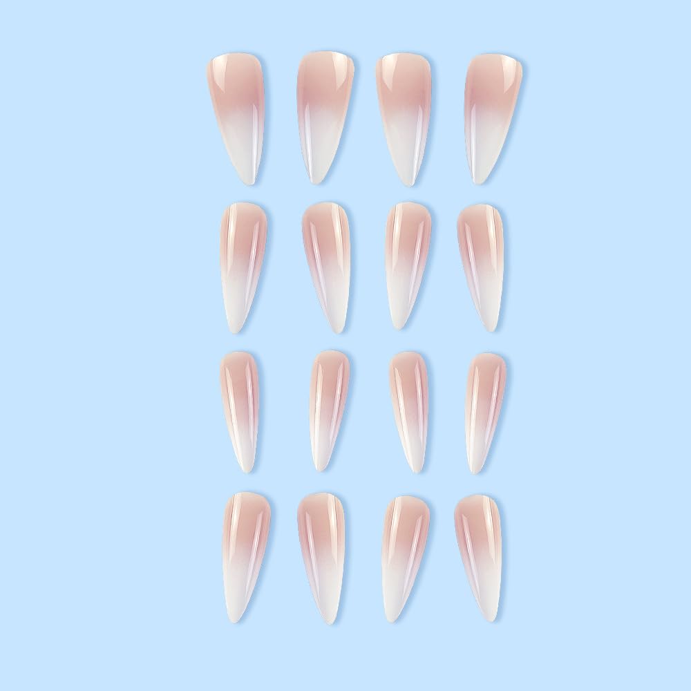 Long Press on Nails Stiletto Fake Nails Extra Long False Nails French Tip Glue on Nails Gradient Acrylic Nails Pink to White Press Ons Point Stick on Nails for Women and Girls 24 Pcs - Image 3