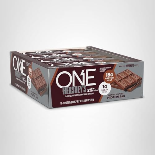 ONE PROTEIN BARS, NEW HERSHEY’S DOUBLE CHOCOLATE, GLUTEN FREE WITH 18G PROTEIN AND 3G SUGAR, PANTRY STAPLES 2.12 OZ (12 PACK)