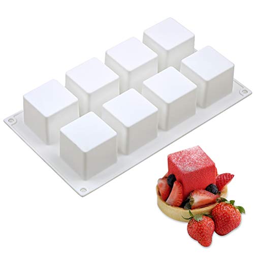 3D Square Silicone Mold, Mousse Cake Baking Molds, Dessert Molds for Soap bar Candle, Jelly, Brownie, Cheesecake, Chocolate Truffle Pudding and Ice Cream Bombe, 8-Cavity (11.6 x 6.7 x 2.0 Inch)