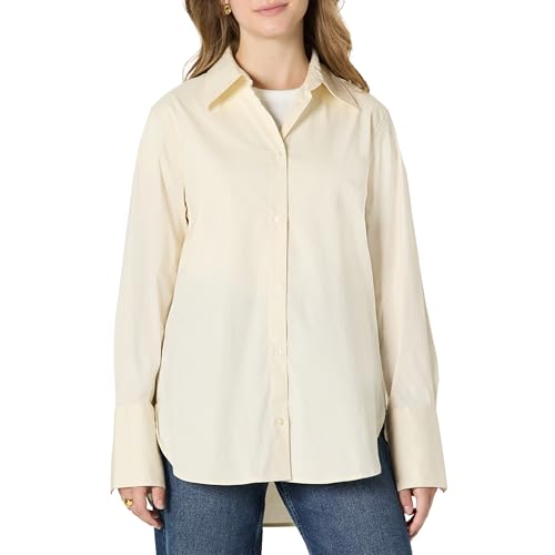 Amazon Essentials Women's Oversized-Fit Cropped Cotton Stretch Poplin Button-Down Shirt, Cream, Small