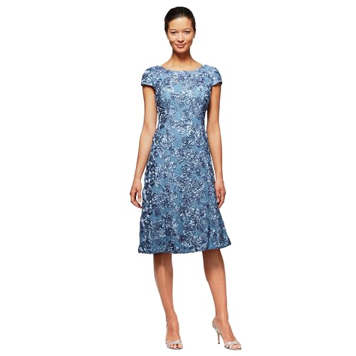 Alex Evenings Women's Tea Length Cap Sleeve Rosette Dress Regular Special Occasion, Perwinkle Petite, 20