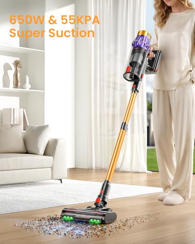 Cordless Vacuum Cleaner, 650W/55KPA/70 Mins Vacuum Cleaners for Home with Self-Standing, Anti-Tangle Vacuum Cordless, Smart Display and 1.8L Cup Cordless Stick Vacuum Cleaner for Pet Hair/Carpets