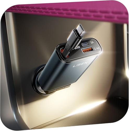 Cargador Coche Carga Rápida USB C Retráctil 57W, 3 en 1 Cargador Mechero Movil Coche 12/24V Car Charger Accesorios Coche Electrónicos para iPhone 17 e 16 15 Pro Max Samsung S26 Xiaomi 15 Gadgets