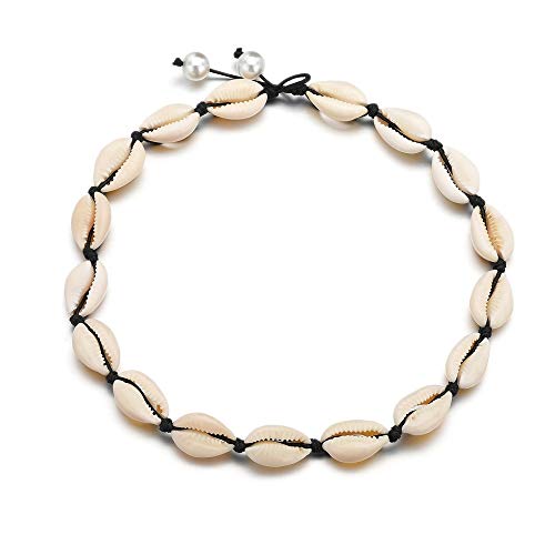 JKJF Shell Necklace, Natural Sea Shell Choker Adjustable Handmade Shell Anklet Boho Necklaces Bracelet Jewelry Set for Women Girls - Black Style 1