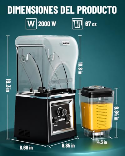 WANTJOIN Licuadora Potente Profesional 2000W con Cubierta Insonorizada, Licuadora Comercial 2L / 67 oz para Smoothies, Frappé, Hielo Triturado, Batidos y Jugos, Control de Velocidad Variable