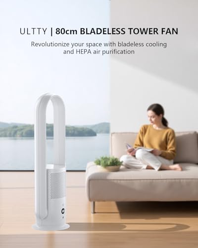 U ULTTY Bladeless Fan with Air Purifier, Quiet Tower Fan with Remote, Touch, 9 Speeds, 8H Timer, HEPA Filter 99.97%, 90° Oscillation Fans, Floor Fans Powerful for Home Office Room, CR022D White